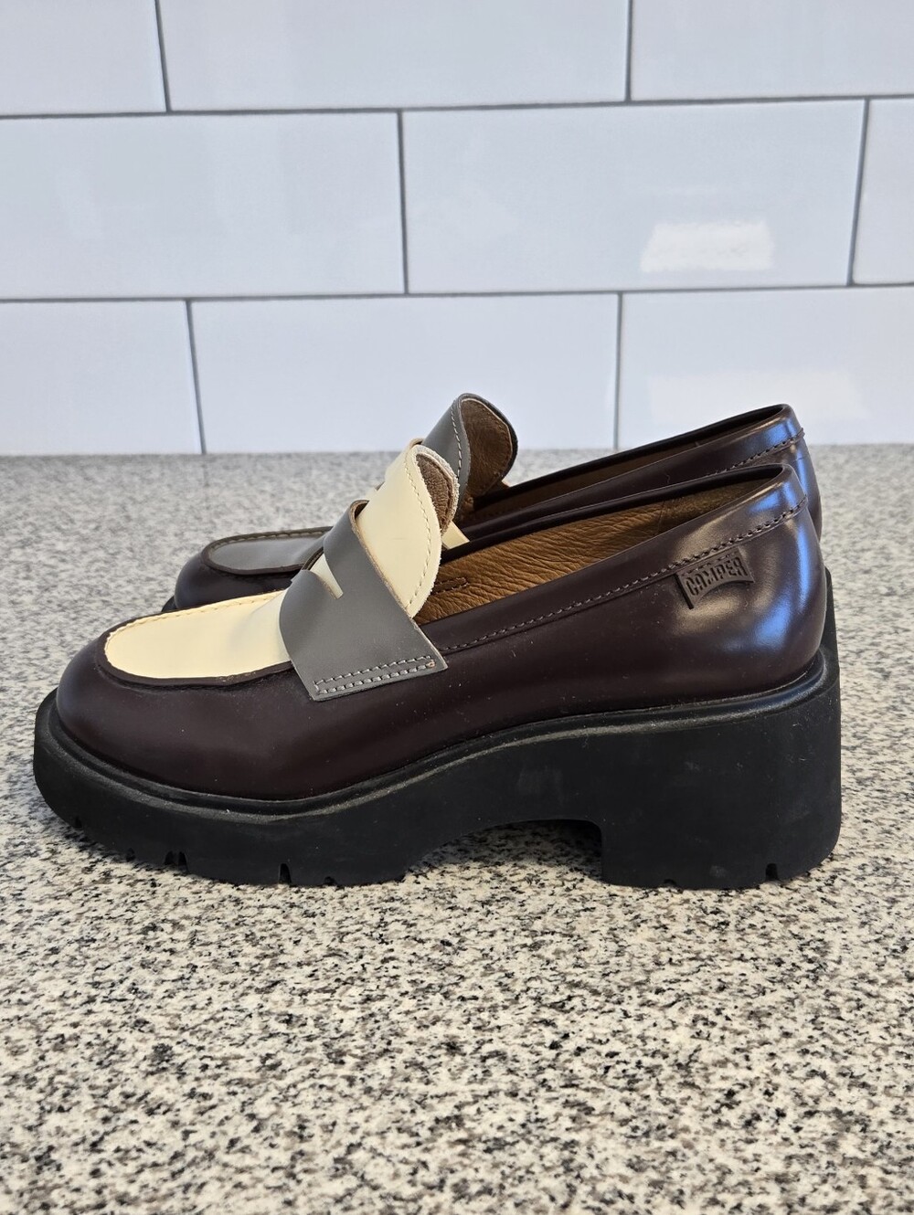 Camper Dark Brown, Grey and Cream Platform Loafers - Picture 2 of 10